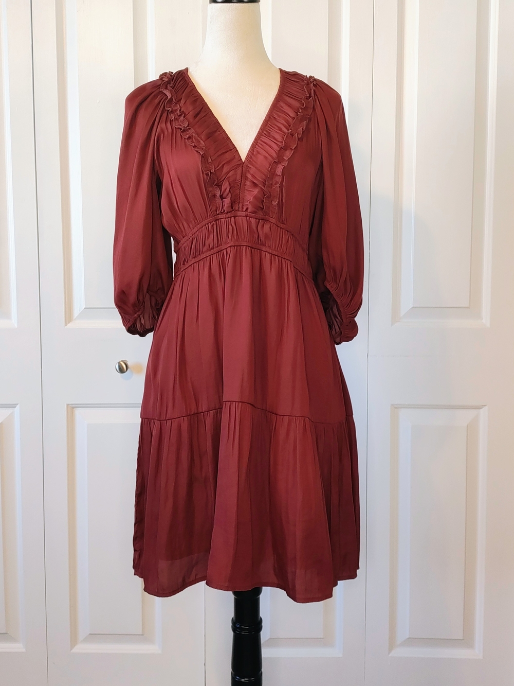 NWOT BOHME Women's V-Neck Ruffled Tiered Dress - Deep Burgundy. Size Large.